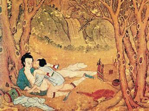 中国古代的春宫图:小货郎于林中僻静之处与村妇偷情，气氛充满自然之美。