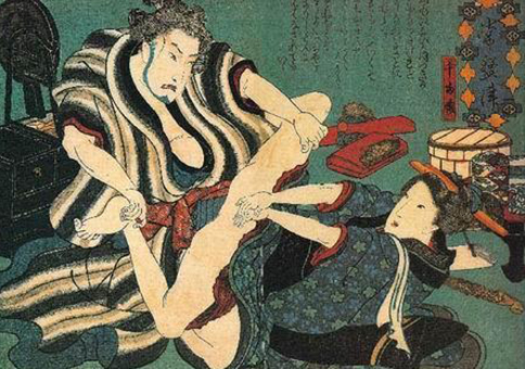 日本绘画。男人征服女人，是色情作品的保留题材。