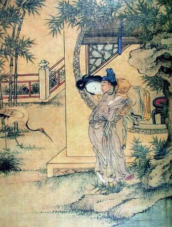 古代人男女春宫图：男人站在窗户外面与女人谈情说爱