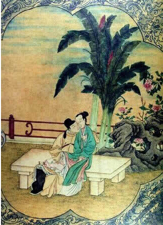 古代男人春宫图：古代男女在芭蕉树下谈情说爱