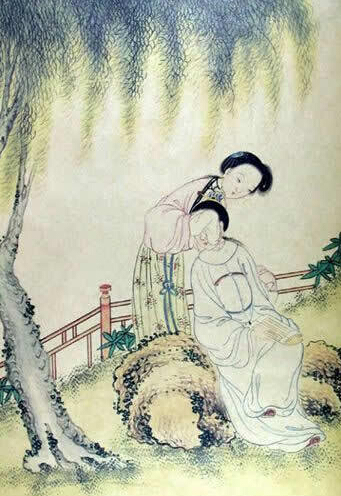 古代男女春宫图：女人蒙住男人双眼，两人在树下玩捉迷藏