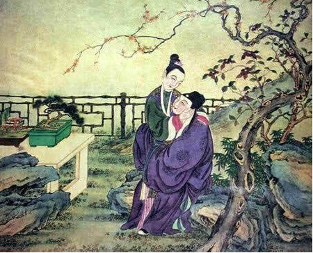古代男女春宫图：男女两人正在坐在树玩耍