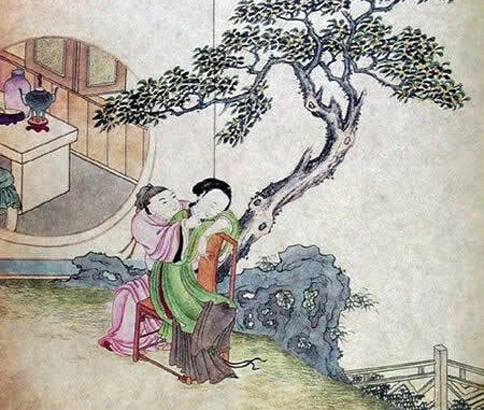 古代男女春宫图：男女两人正在树下玩耍